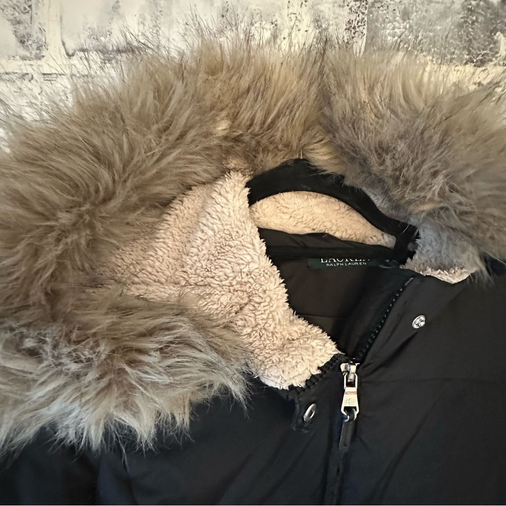 Ralph Lauren Long Black Puffer Coat Faux Fur Hood - Picture 7 of 10